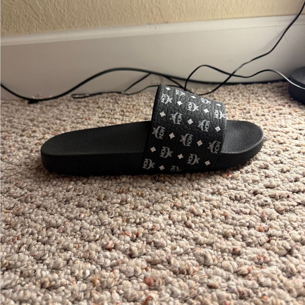 MCM Black Monogram Slide Sandals
